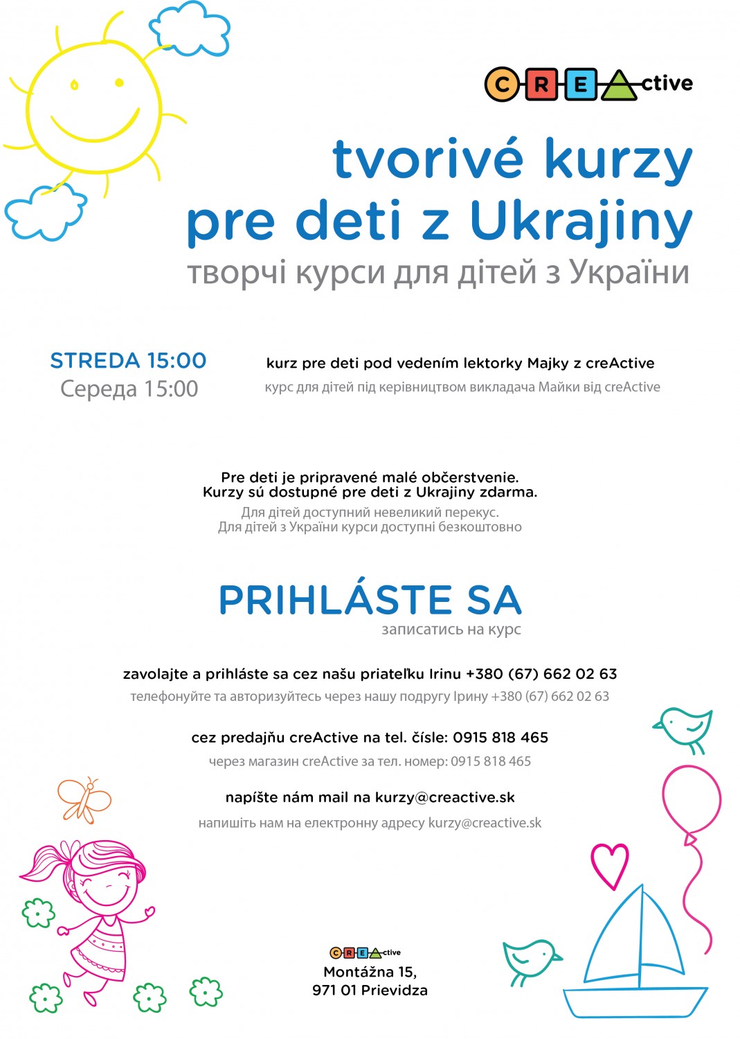Plagát s informáciami o tvorivých kurzoch pre deti z Ukrajiny v creActive.